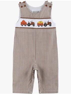 Brown Gingham Smocked Tractor Overalls for Kids